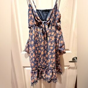 Blue dress with pink flowers.